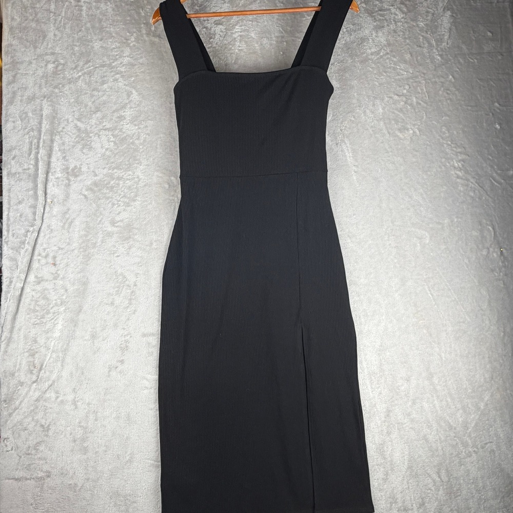 Reformation Black Cassi Ribbed Knit Square‎ Neck Midi Dress Side Slit Womens